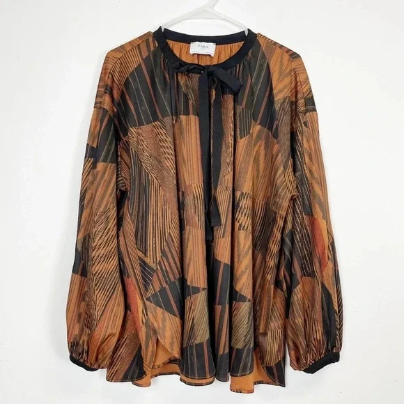 Zara Basic Blouse Womens Size Small Oversized Black Brown Pattern Neck Tie Bow - Picture 1 of 11